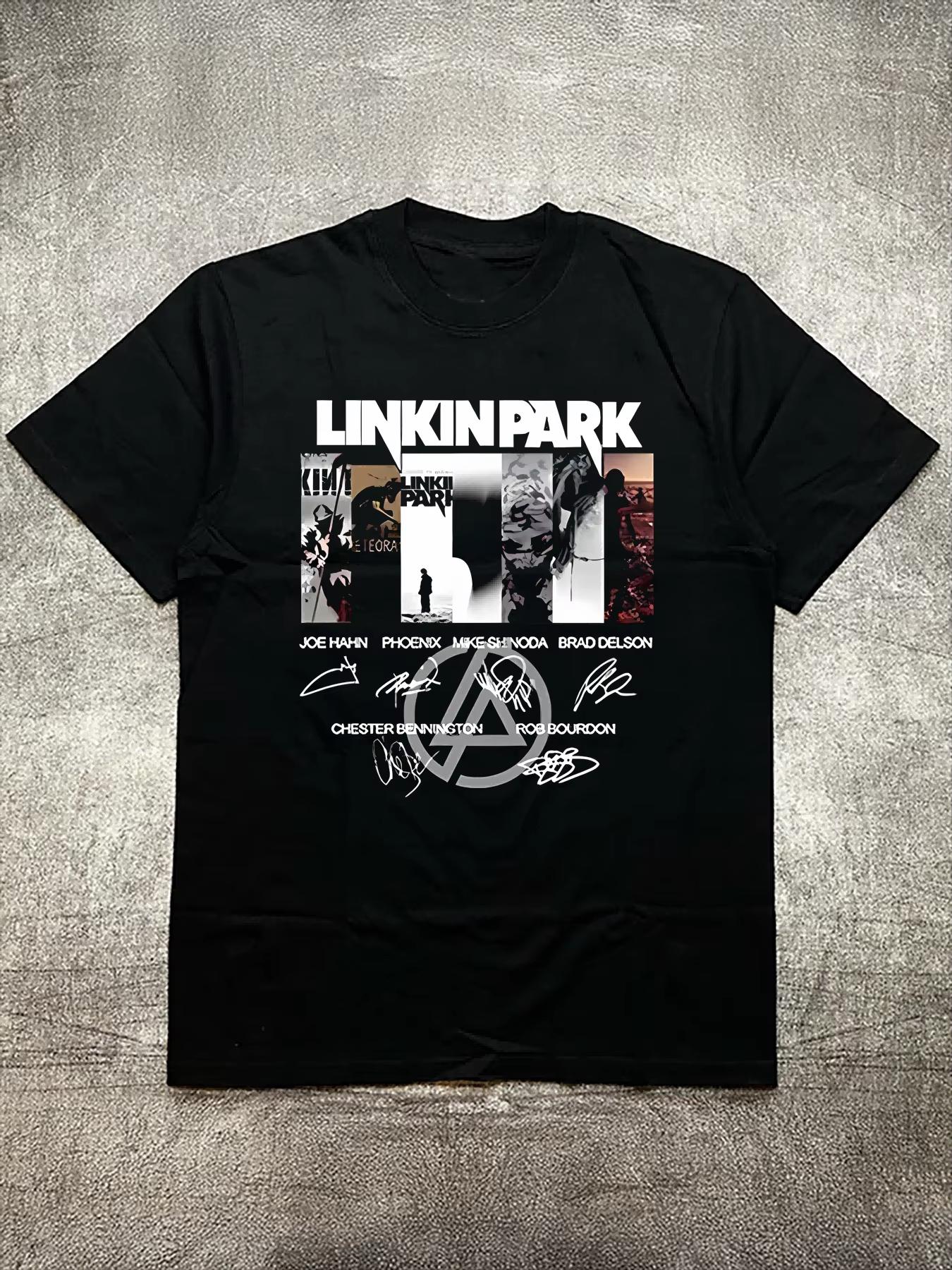 

2025 Cotton Men s Black T-shirt, Linkin Park Themed Graphic with Member Signatures, Iron-on Print, Everyday Casual Ins Y2k Hot 4XL