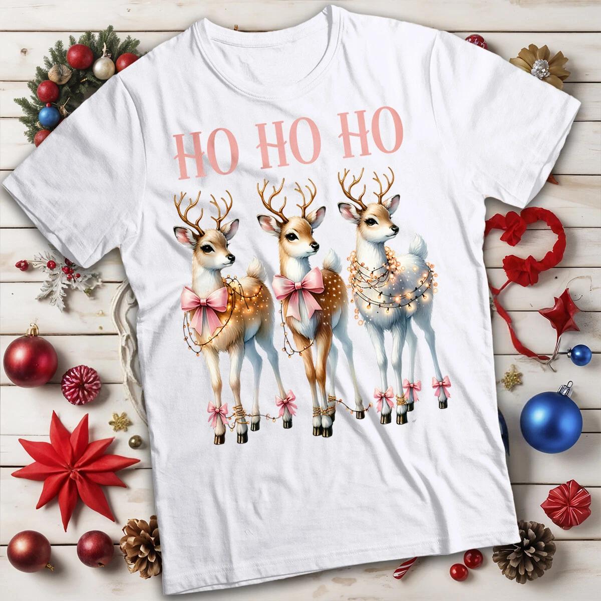 Womens Cute Reindeer With Lights And Pink Bow Christmas T-Shirt Tee #MC M