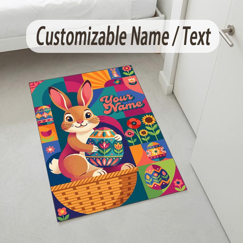 Easter Bunny Theme Crystal Velvet Rug Personalized Custom Name Text Soft Floor Mat Home Decor