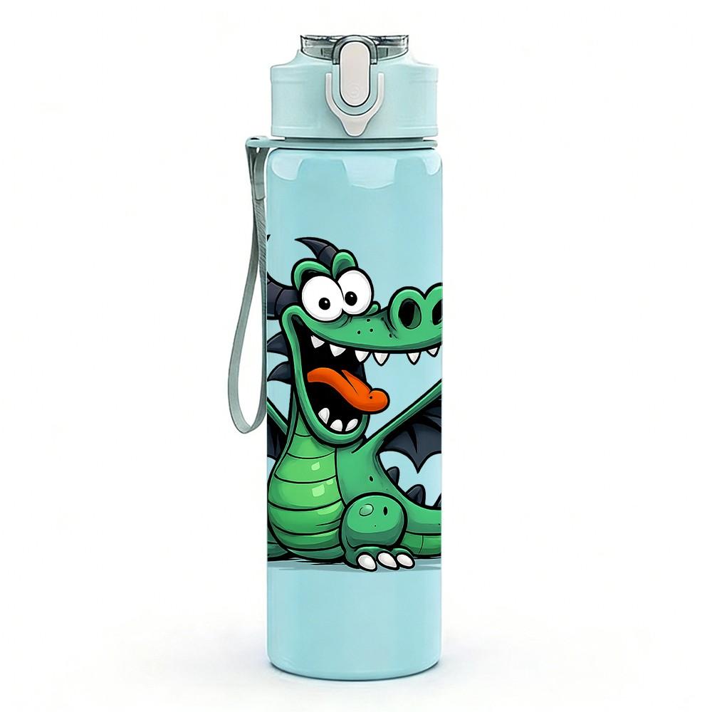 1PC Green Cartoon Dragon 750ml Color Plastic Sports Water Bottle Leakproof Flip Straw Lid Suitable for Sports Office Home Use
