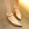 Sexy Pointed Toe Cut-Out Stiletto Heels for Women Pearl Beaded Ankle Strap Closed Back Sandals Summer