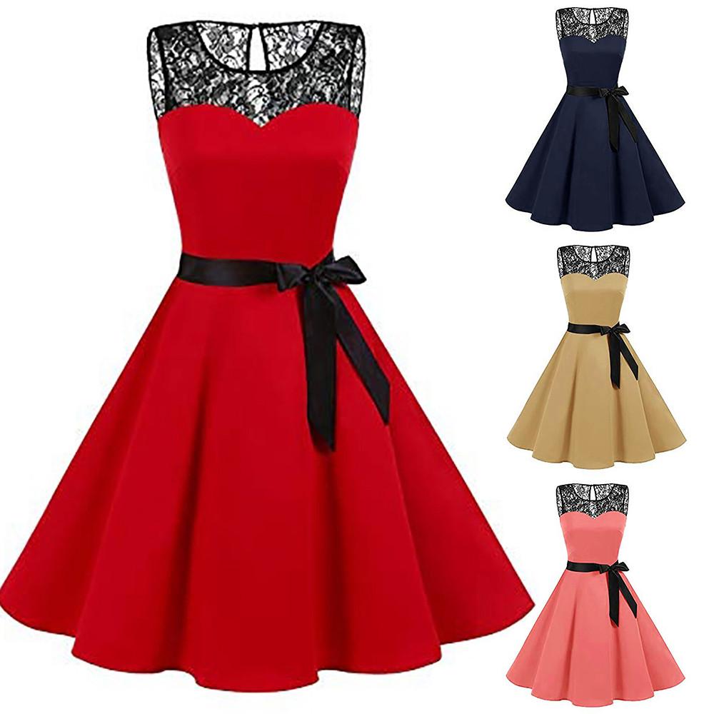 Womens Sleeveless Halter Dress Polka Dot Lace Hepburn Vintage Swing High-Waist Pleated Dress