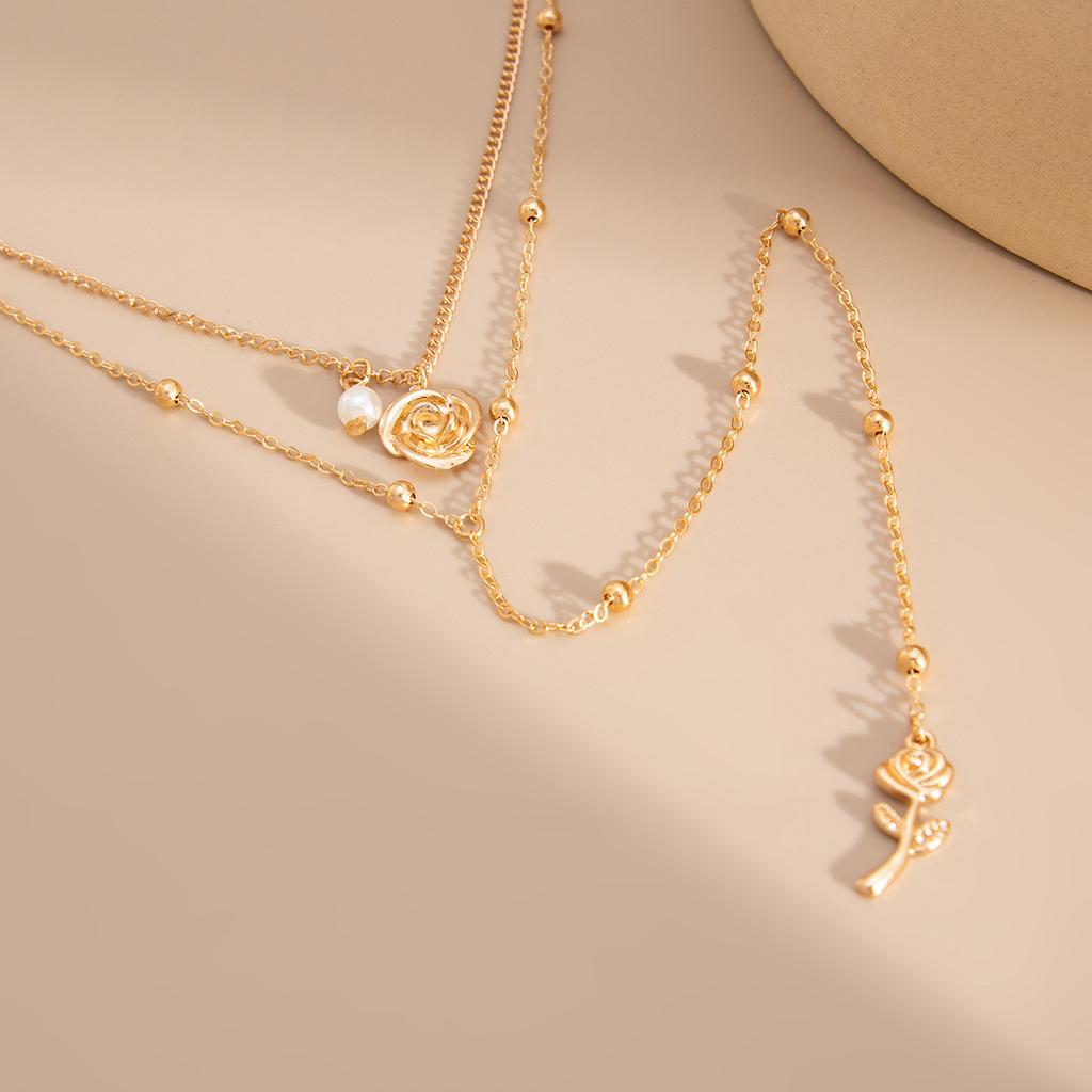 Simple Wind Rose Flower Pendant Long Necklace, Temperament Stacked Bead Chain Collarbone Necklace