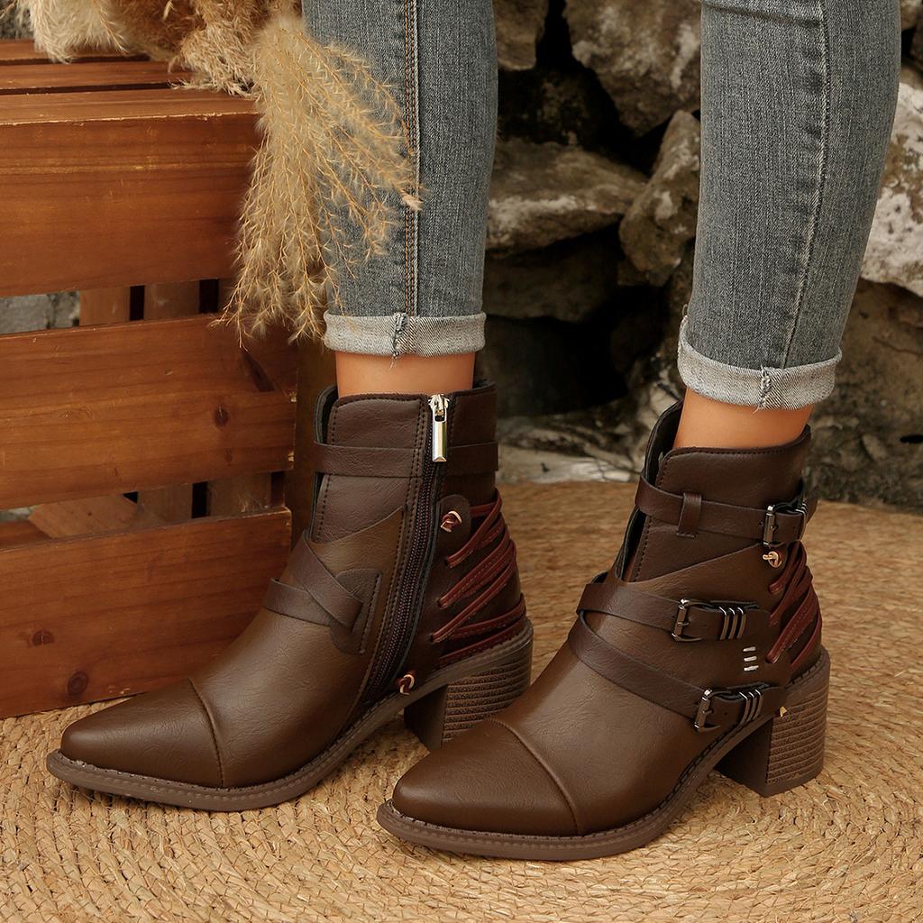 Fashion Women Ankle Boots Low Heel  Pointed Toe Dress Boots Outdoor Designer Mid Calf Boots Women Retro Luxury Comfortable Women Shoes