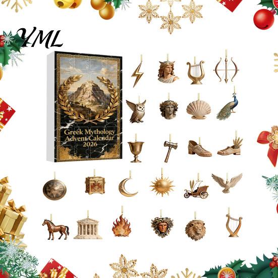 Reusable Christmas Tree Decor Greek Myth Advent Calendar, 24Pcs Acrylic 2D Ornament Set with Vintage Holiday Gift for History Buffs Gold Tone, Hanging