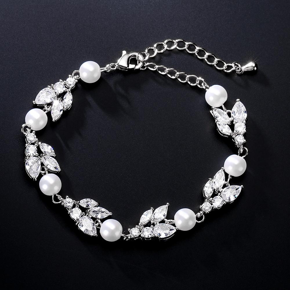 ZAKOL New Classic Leaf Zircon Imitation Pearl Charm Bracelets for Women Wedding Bride Bracelet Female Stylish Jewelry