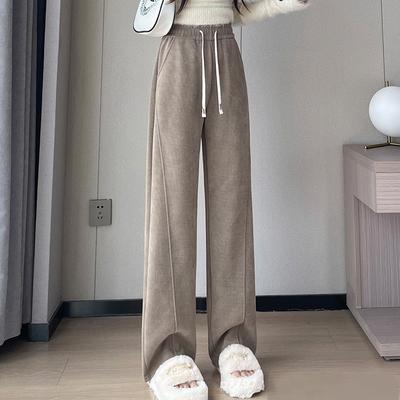 Herfst Winter Elastische Taille Losse Casual Effen Kleur Fluweel Wijde Pijpen Dames Rechte Broek