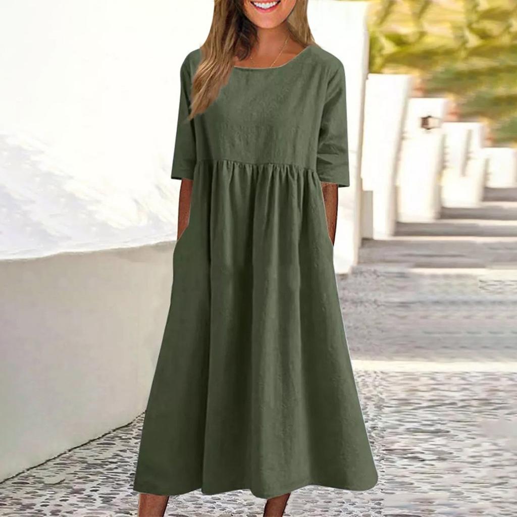 Damen Sommer Farbe Rundhals Halbarm Langes Farbe Kleid Lässig