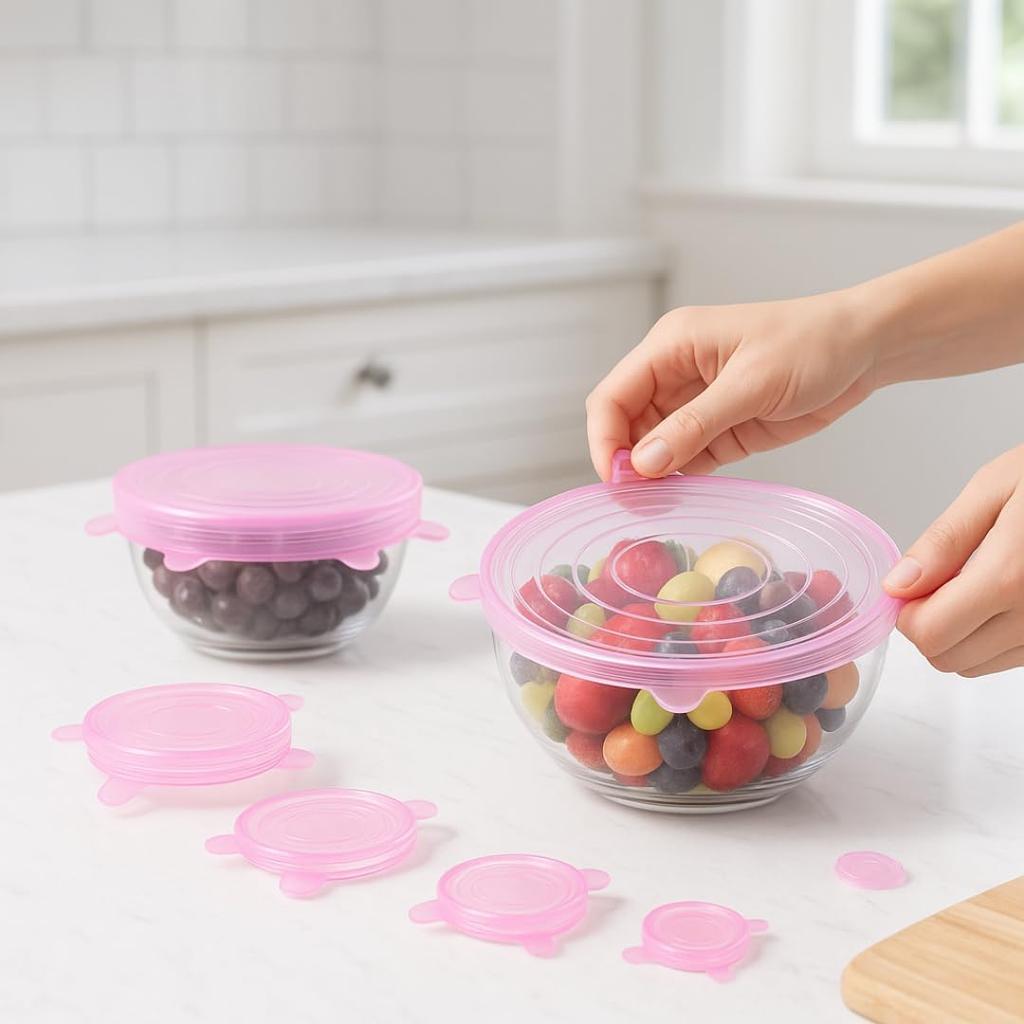 Silicone Stretch Lids Pink (6 Pack) Reble Airtight Food Covers for Bowls, Containers & Fruits |Elastic BPA-Free Stretchable Lids | Microwave, Freezer