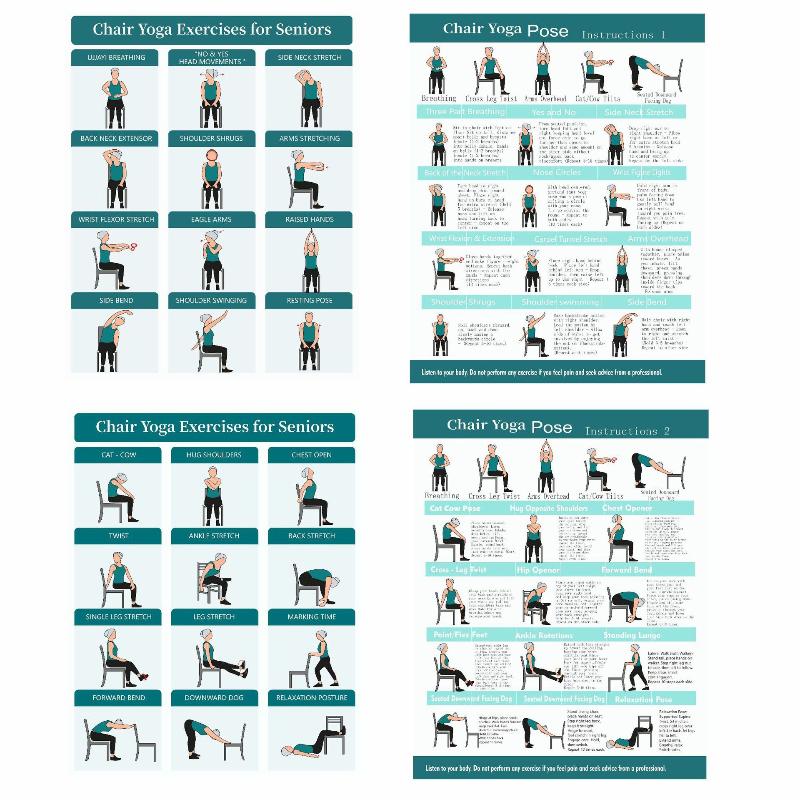 8x10 Inch Chair Yoga Routine Posters 4 Pack Fitness Guide Physical Exercise For Home Office Senior Stretching Decor A2