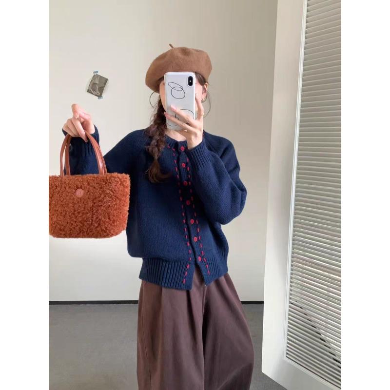 Contrasting Color Rope Design Sense Knitted Cardigan Spring New Round Neck Loose Single-breasted Sweater Jacket Women