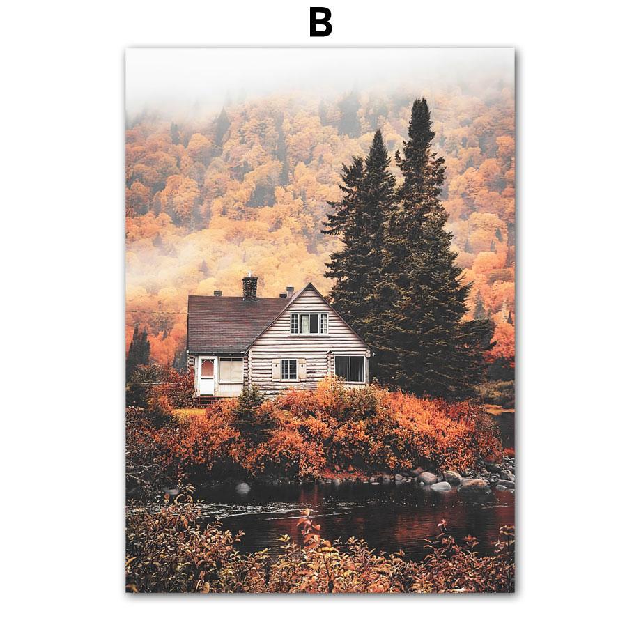Deer Fox Cabin Flowers Leaves Autumn Landscape Posters Prints Canvas Painting Nordic Wall Art Pictures For Living Room Decor