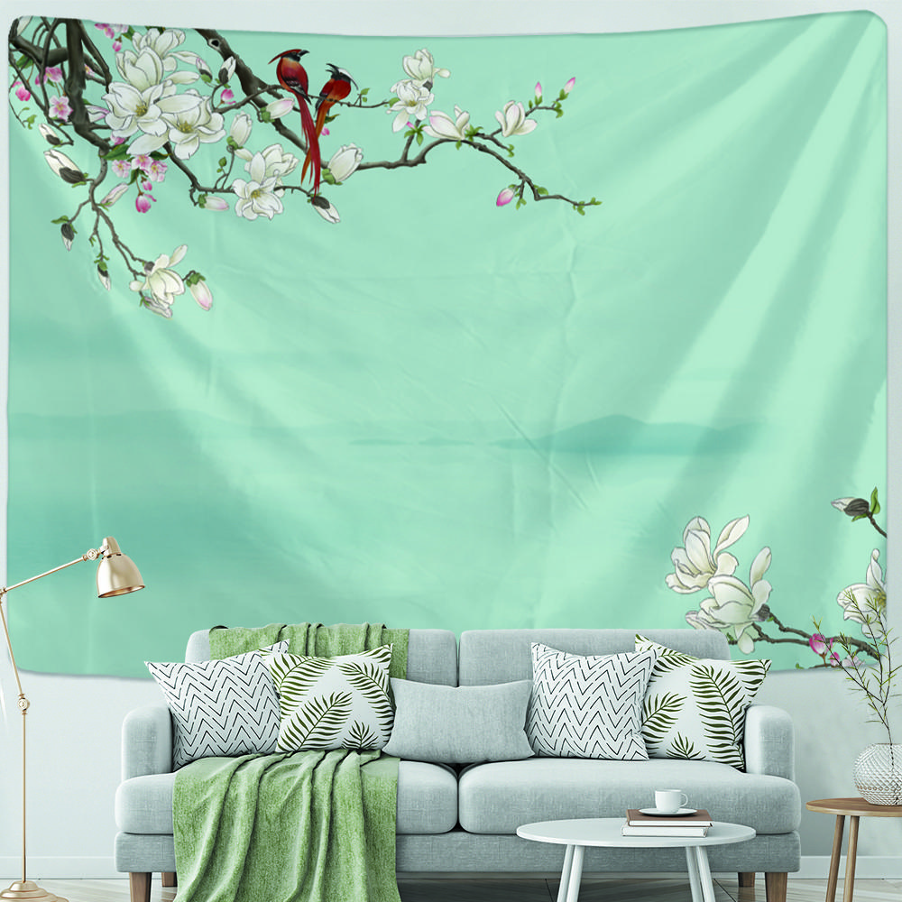 Flower and Bird Ink Painting Tapestry Wall Hanging Antique Hippie Dormitory Room Home Bedroom Decoration Aesthetic Background