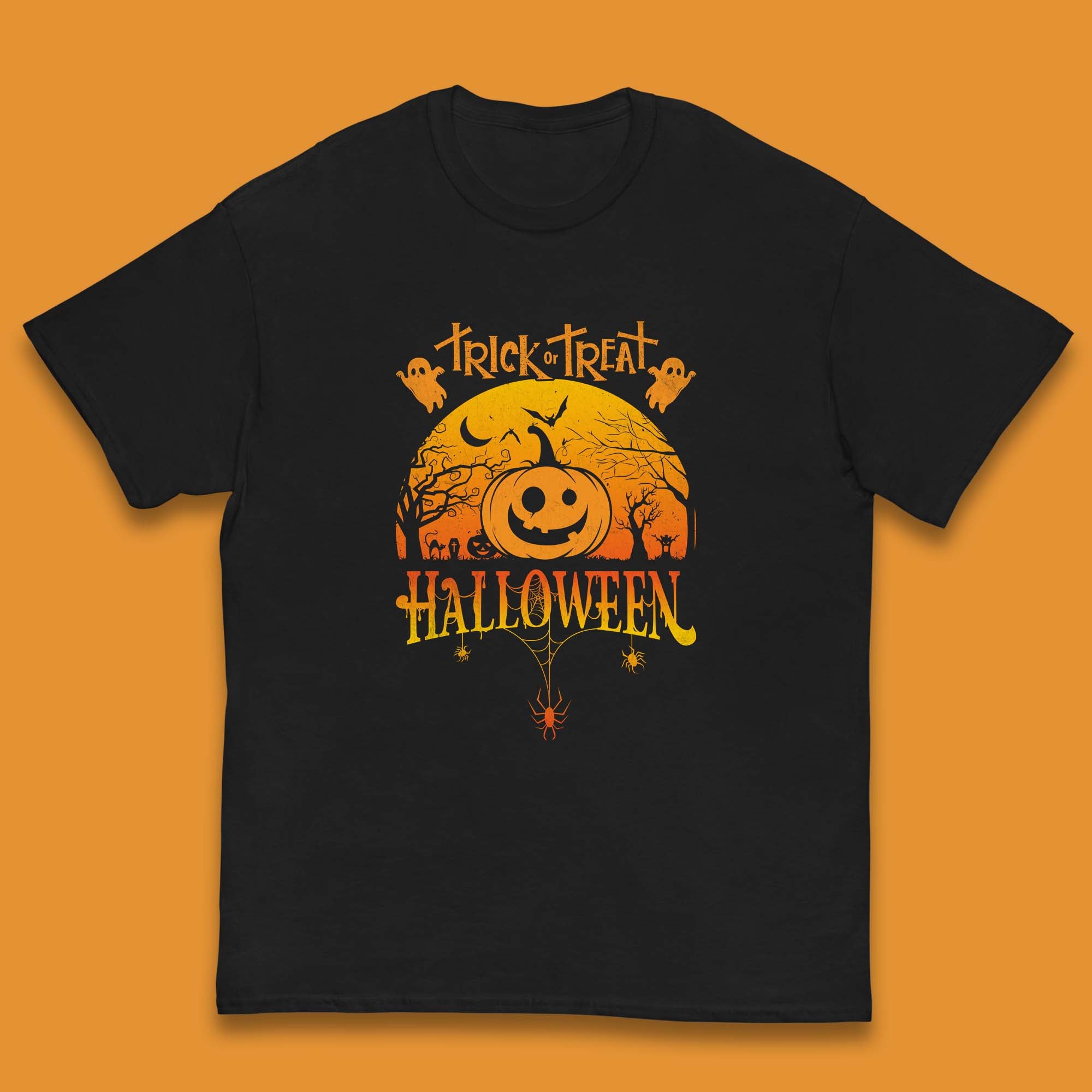 Trick Or Treat Halloween Pumpkin Haunted Trees Scary Spooky Season Kids T Shirt 130