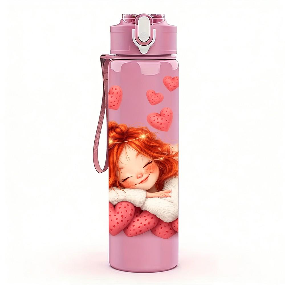 1PC Little Girl Lying With Floating Hearts Print 750ml Color Plastic Sports Water Bottle Leakproof Flip Straw Lid Suitable for Sports Office Home Use