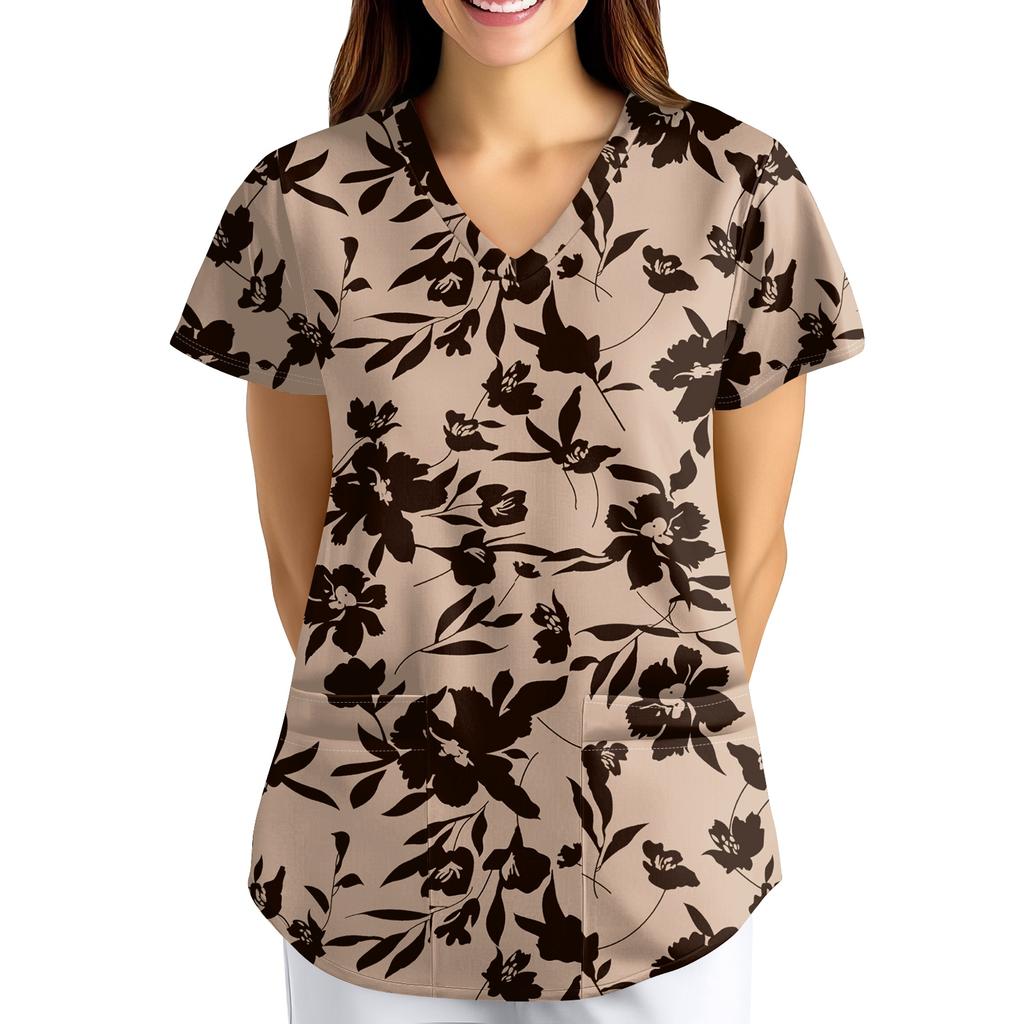 Plus SizePrinted Scrub Working Uniform Tops For Women's Cross V-Neck Print Short Sleeve Fun T-Shirts Workwear Tee With Pockets