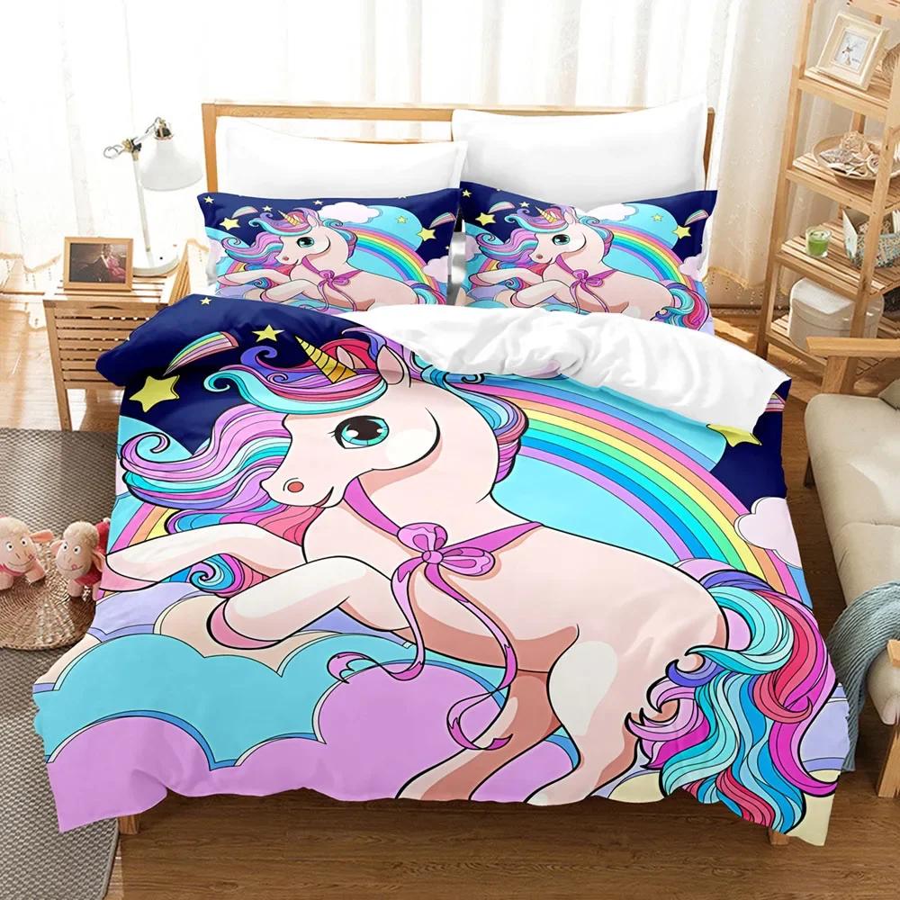Rainbow Unicorn King Queen Bedding Set Cartoon Animal Magic Animals Bedding Set For Kids Teen Cosmic Fantasy Double Full Size