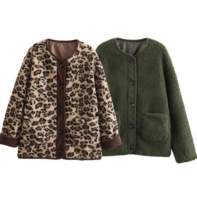 Women'S Leopard Print Casual Loose Long Sleeve Lamb Fleece Jacket