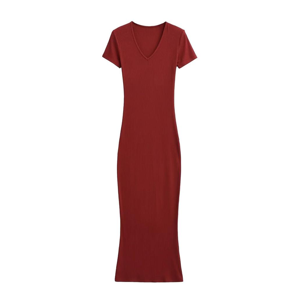 Chic V-neck Slim Fit Short-Sleeve Dress: European & American Style Summer Midi