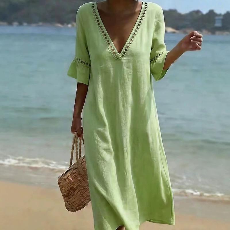 Summer V Neck Half Sleeve Loose Beach Holiday Dress Women Fashion Lace Patchwork Solid Color Party Dresses Women Midi Dress