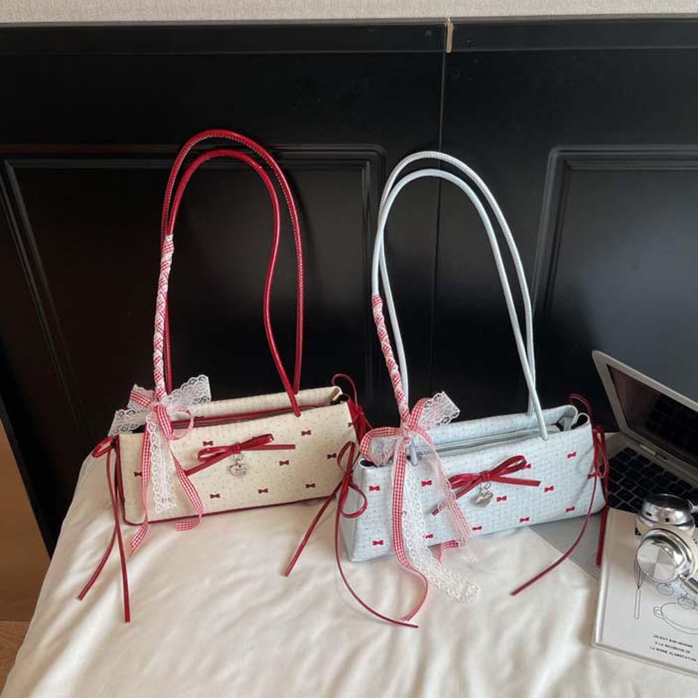 Lace Ribbon French Stick Handbag Sweet Underarm Bags Portable Bow PU Shoulder Bag  Girls