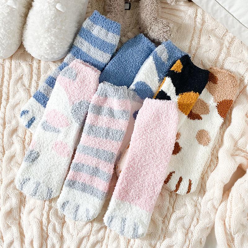 Cat Paw Striped Cute Socks Coral Fleece Winter Women Socks Thick Thermal Floor Sleeping Socks Candy Color Velvet Sock Warm
