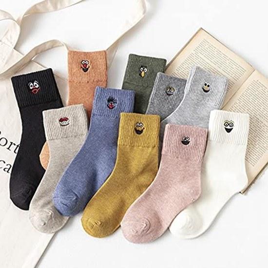 Sekuzy Socks Women Cotton 10 Pairs Set Crew Length Solid Color Stylish Cute Embroidery Colored Autumn Winter Breathable Size 22-25cm Casual Sports