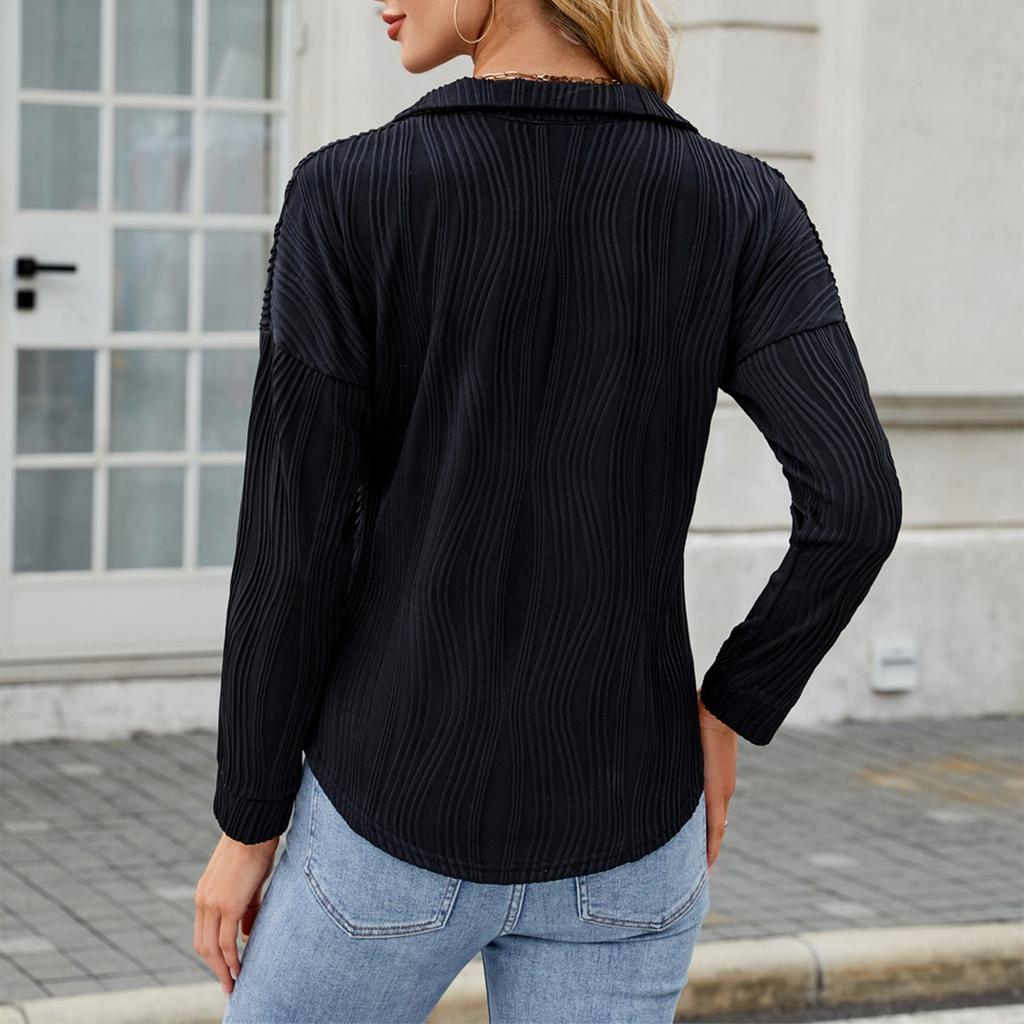 Women's Fashionable Solid Color Lapel Long Sleeved Casual Pullover T-shirt Top