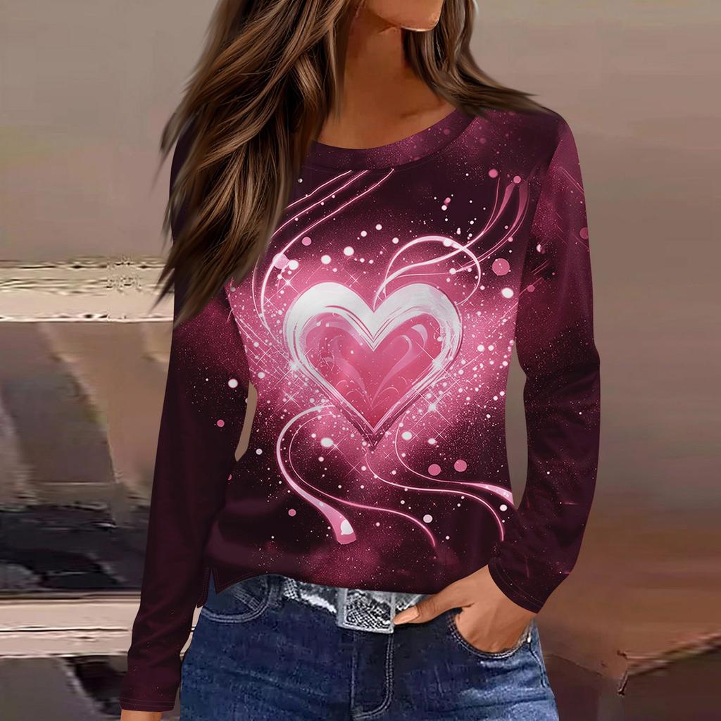 Damenmode Lässig Schlitz Saum Rundhals Langarm Lose Bedrucktes T-Shirt Damen Top