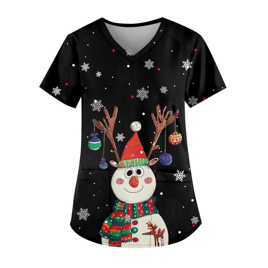 Ladies' Fashionable V-neck Pocket Short Sleeved Christmas Tree Printed Caregiver Uniform