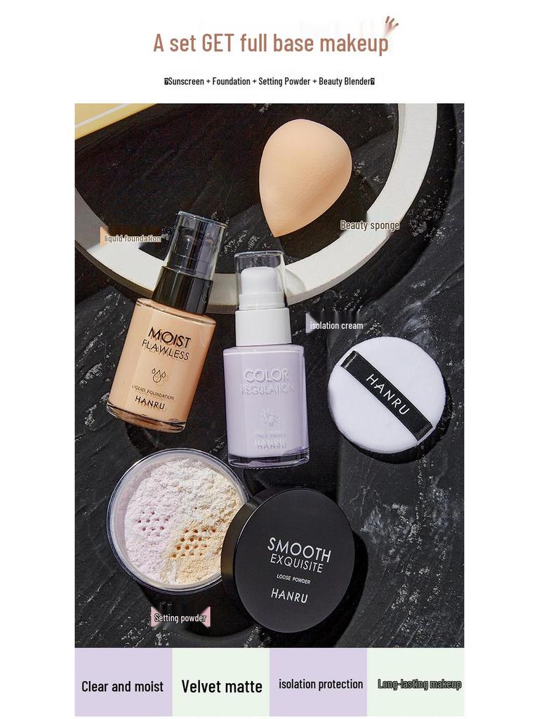 Hanru Women's 4-Piece Foundation Primer & Concealer Set with Loose Powder - Ideal for Beginners
