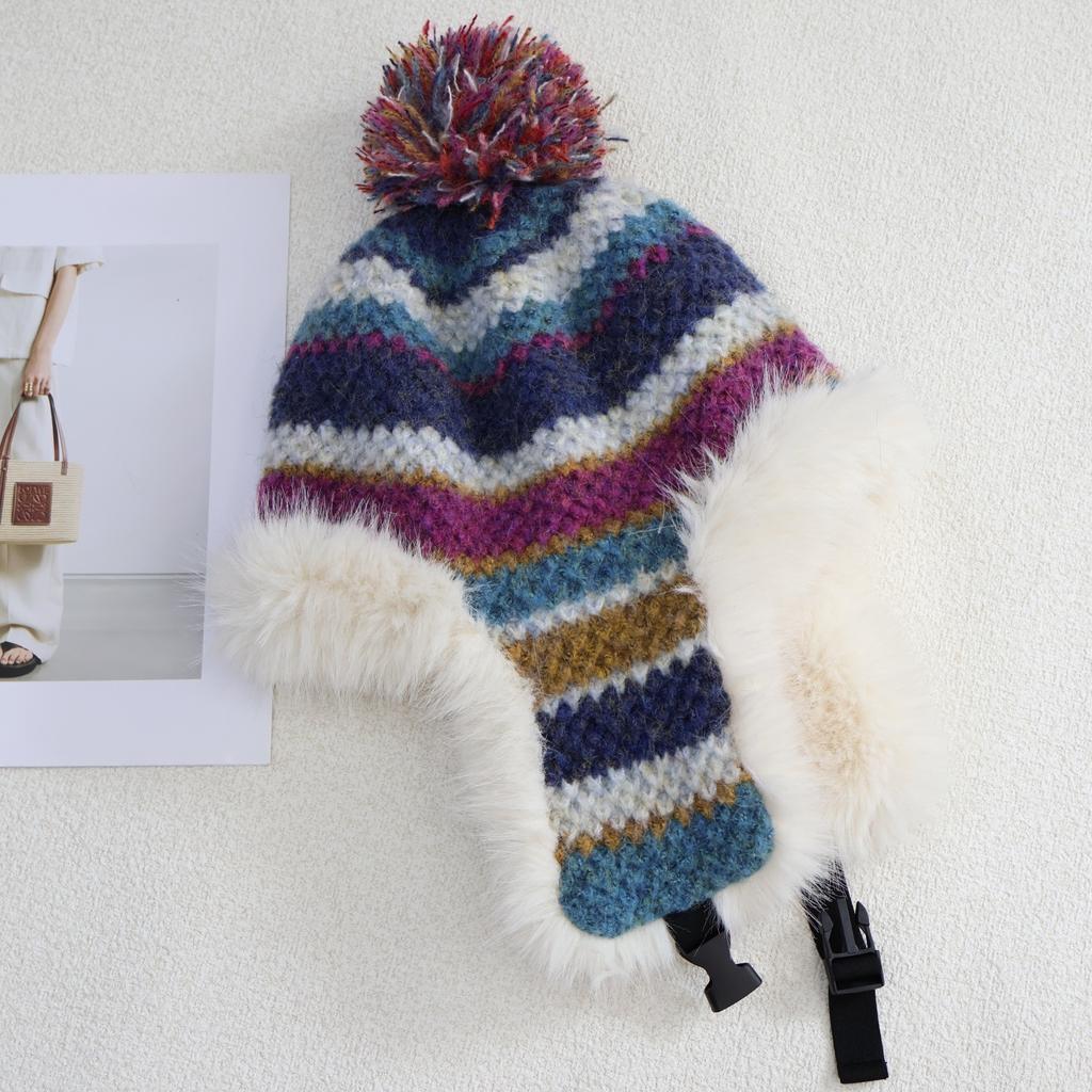 Striped Knitted Lei Feng Hat Women's Winter Thickened Warm Ear Protection Hat Cycling Windproof Plush Hat