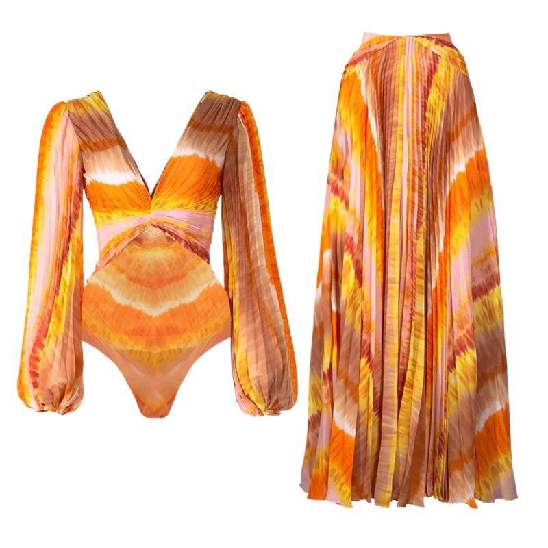 Ensemble Maillot de Bain Une Pièce Manches Longues Col V 2024 - Imprimé Vacances Balnéaires Européen et Américain