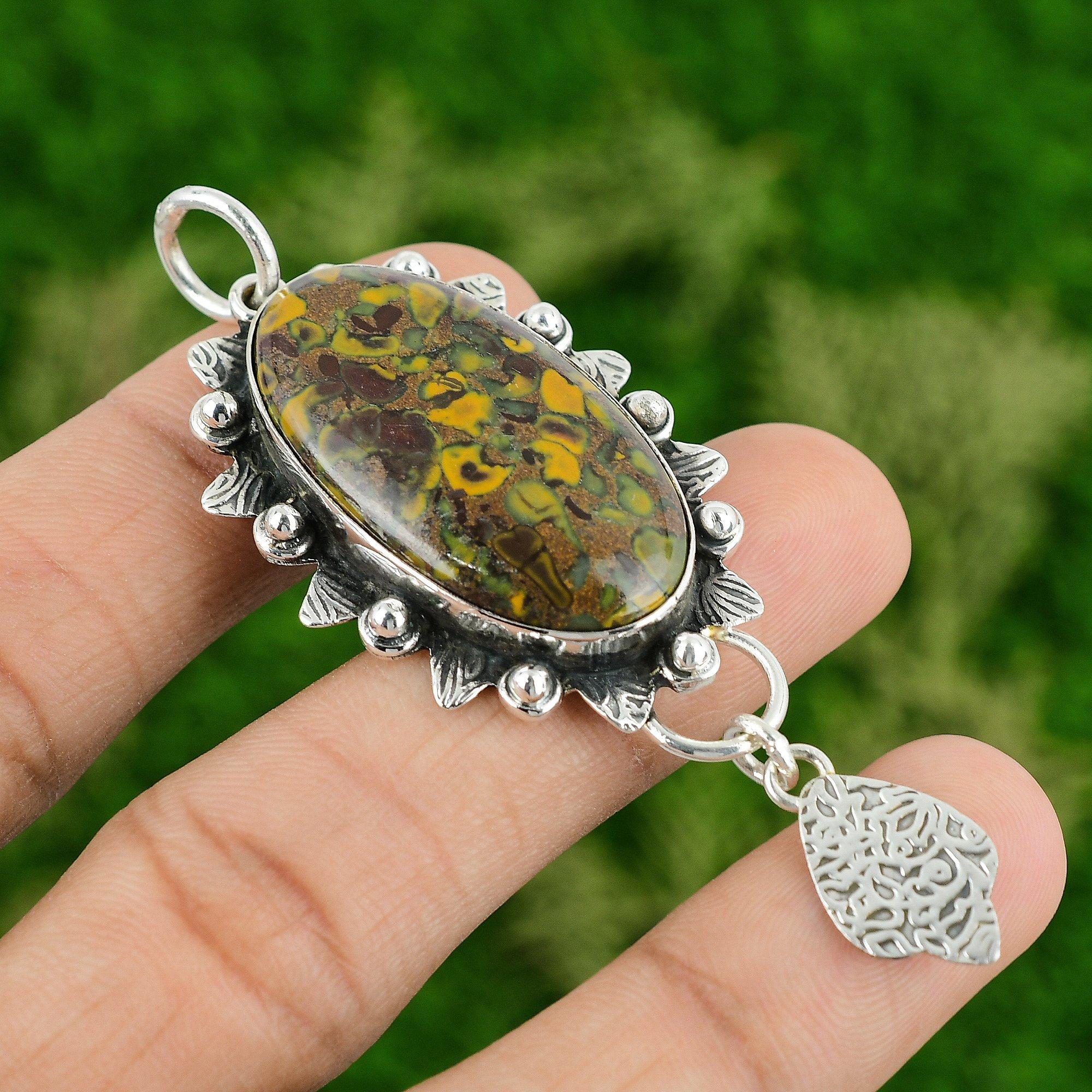 

925 Sterling Silver Oval Natural Rhyolite Ethnic Handcrafted New Pendant Jewelry