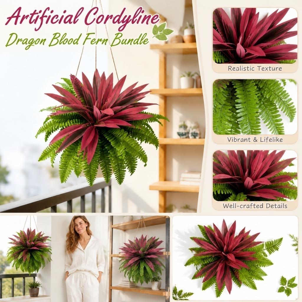 Artificial Dracaena Plant with Fern Base Realistic Faux Tropical Indoor Decorative Greenery for Home Office Desk and Shelf Display