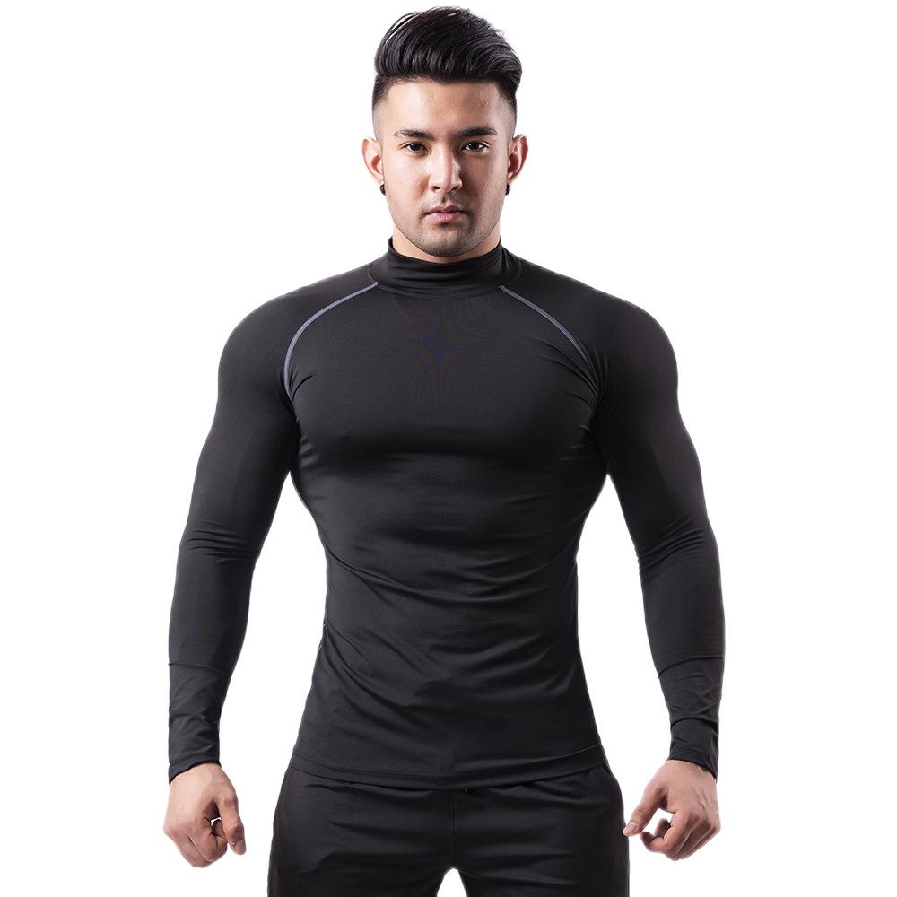 Men's Silk Grid High-Neck Performance T-Shirt - Elastic, Quick-Dry, Long-Sleeve for Autumn/Winter Running.