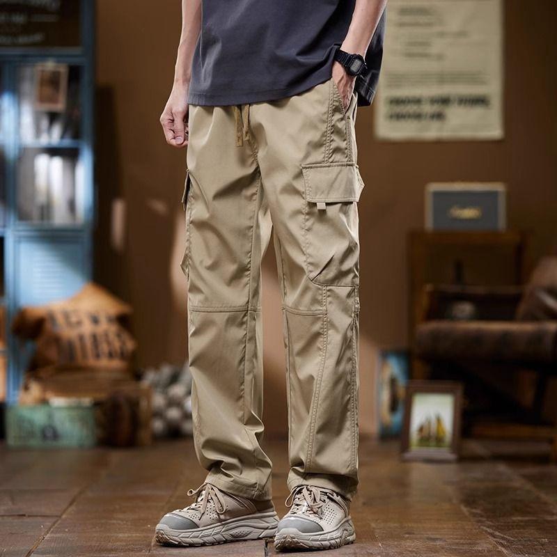 

Tooling pants men s summer new loose straight wide-leg pants outdoor wear-resistant tide brand ruffian handsome M хаки