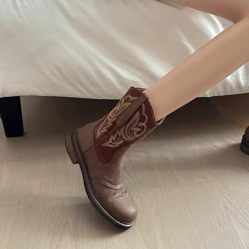 2025 Damen Mid-Calf Stiefel Klassiker Bestickte Western Cowboy Stiefel Mode Ritterstiefel für Damen Retro Kurzer Stiefel Botas Mujer