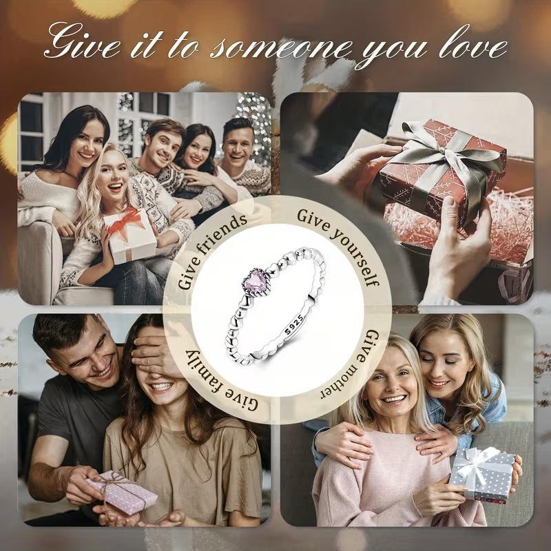 Retro Thai Silver Horseshoe-shaped Diamond Ring With Simple Ball-edge And Pink Shiny Heart-shaped Ring For Women