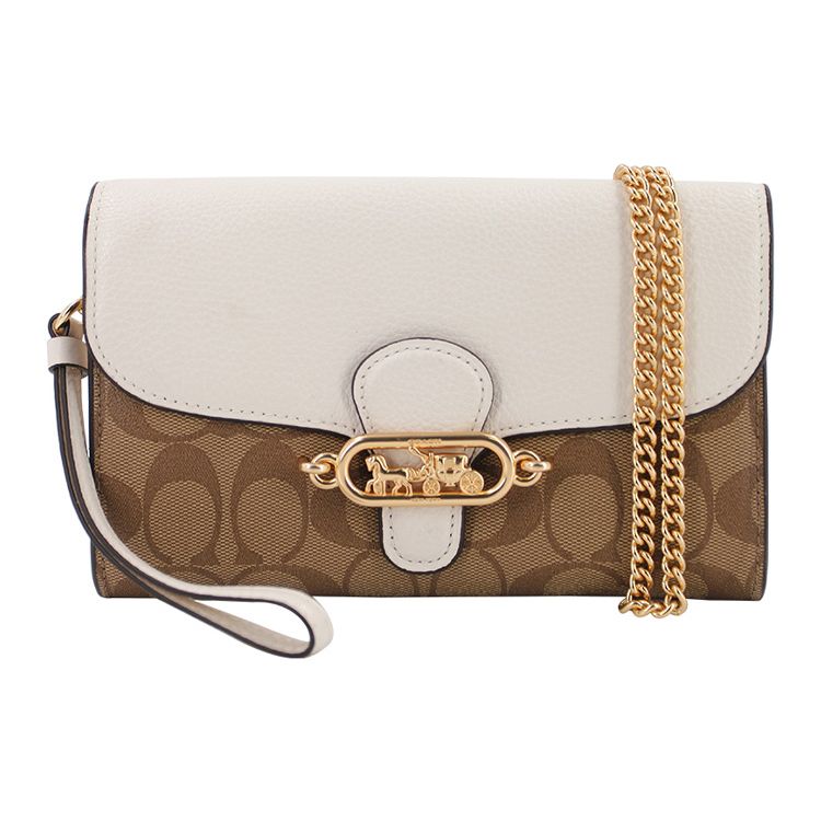 Coach 21 Horse And Carriage Logo Leather Chain Crossbody Shoulder Bag Women Bags Khaki White 88101-IMDJ8