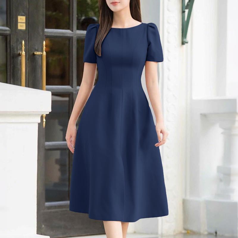 

ZANZEA Женское повседневное однотонное платье с круглым вырезом и коротким рукавом S