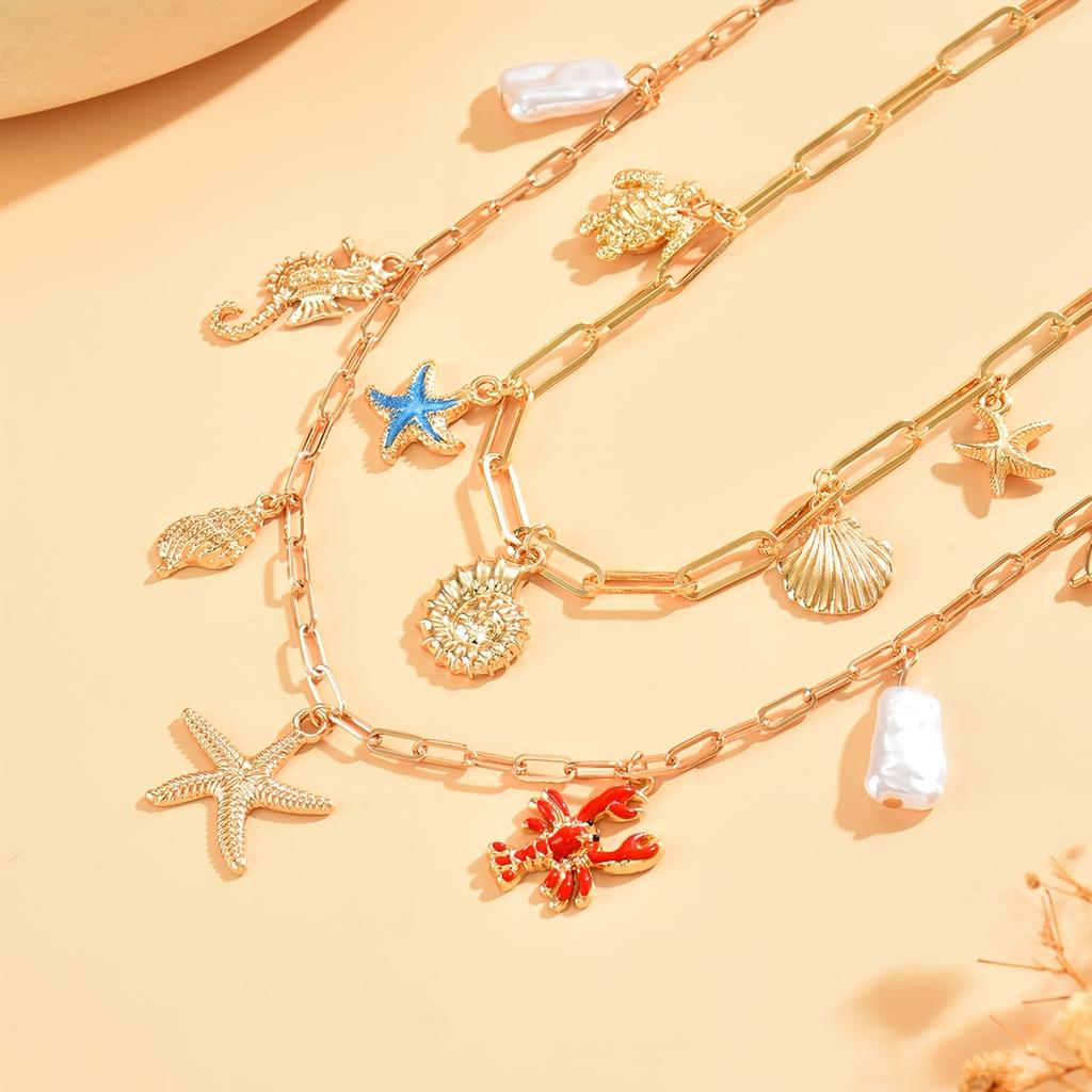 Boho Layered Ocean Charm Necklace Set Paperclip Chain Starfish Shell Seahorse Lobster Faux Pearl Summer Beach Jewelry for Women