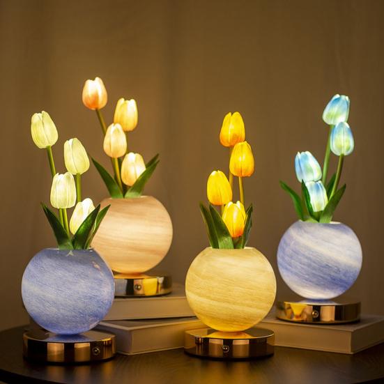 Tulip Planet Night Light, Dimmable Touch Lamp with Aromatherapy Diffuser, USB Rechargeable Artificial Flower Table Decor for Home Bedroom