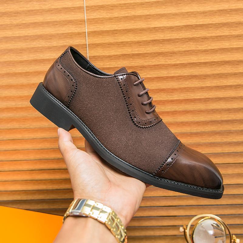 Fashion New Men's Pointed Lace Up Casual Dress Shoes Male Suede Mixed Patchwork Formal Wedding Prom Evening Homecoming Footwear