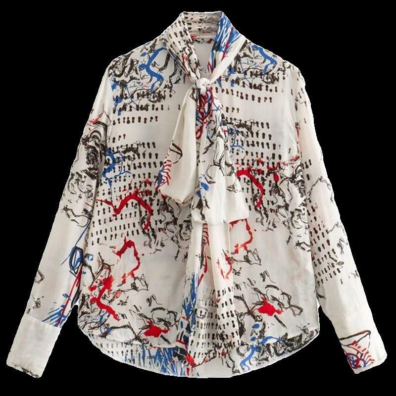 24 Spring New Fashion Style Women's Clothing Casual Loose Bowknot Decoration Print Shirt Tops 2356007 330