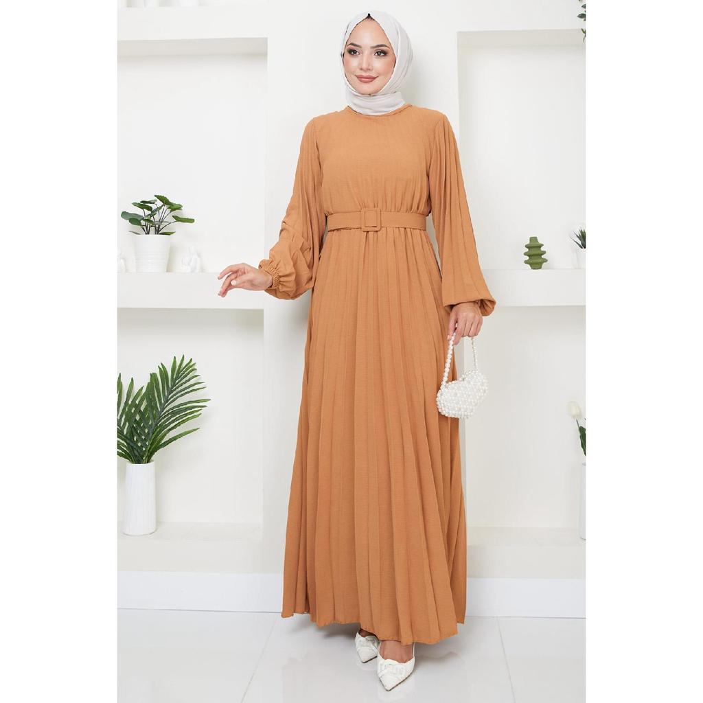 Belted Pleated Aerobin Dress Khaki Hm2339