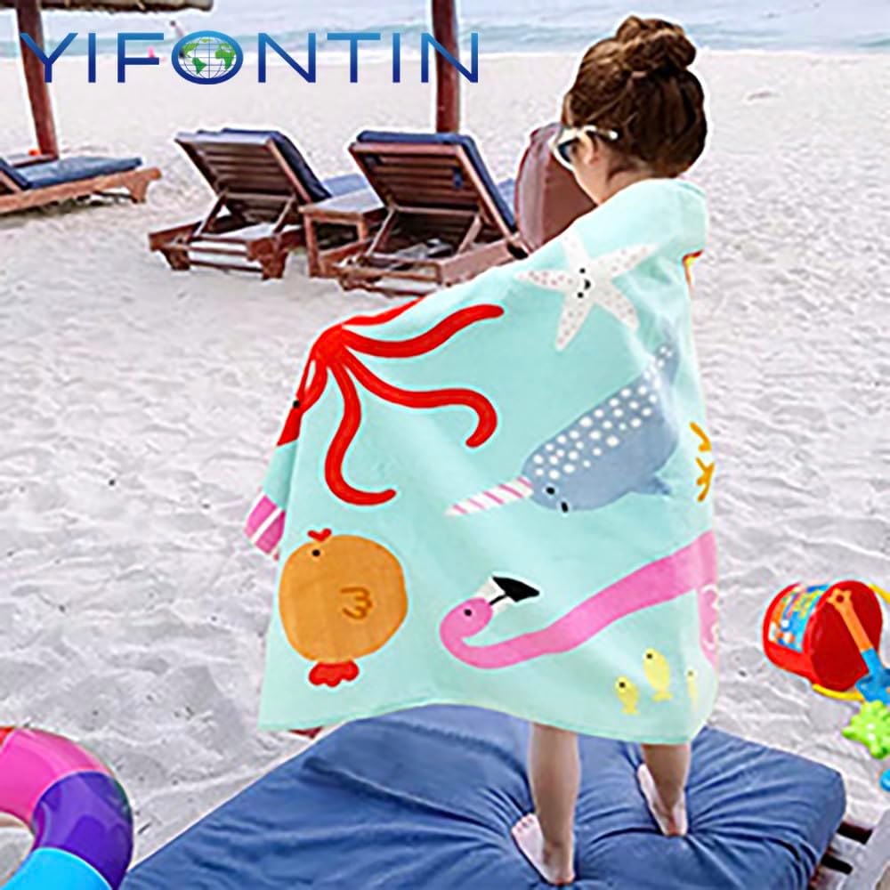 Beach Towel for Kids Velour Terry Blanket Throw for Swimming Bath Travel Camping and Picnic, Flamingo Lobster Octopus.