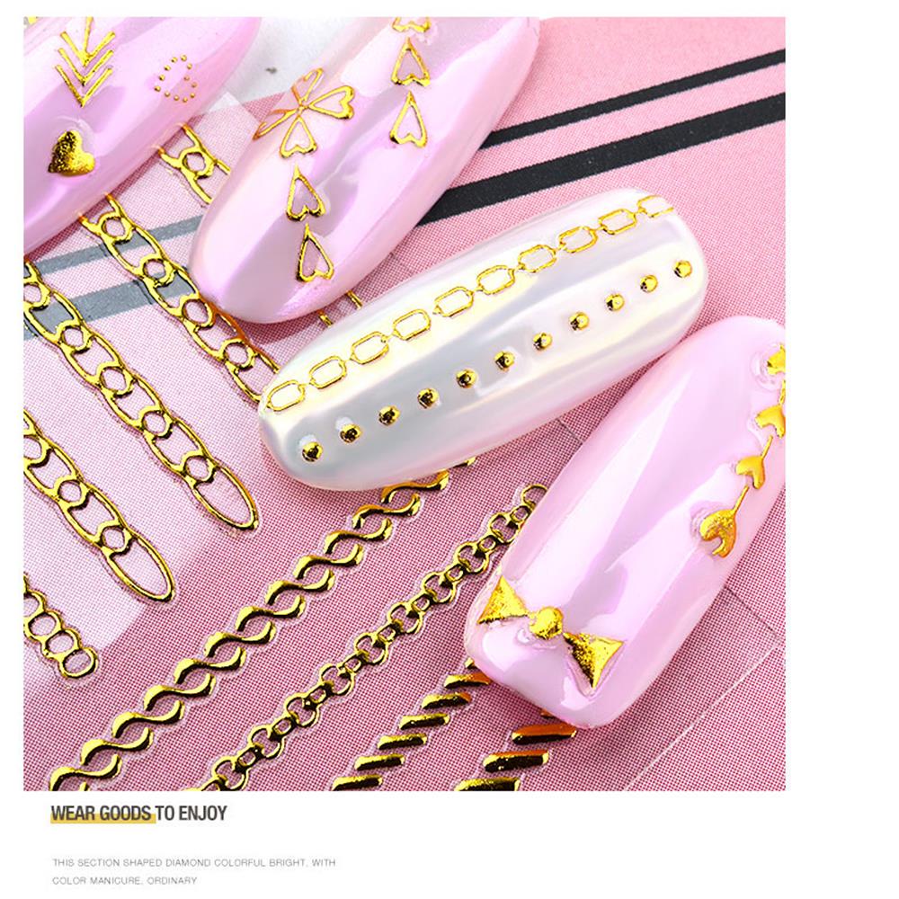 Decal Heart Bow Gold Stripes Nail Art Stickers Geometric Patterns Metal Chains Water Transfer