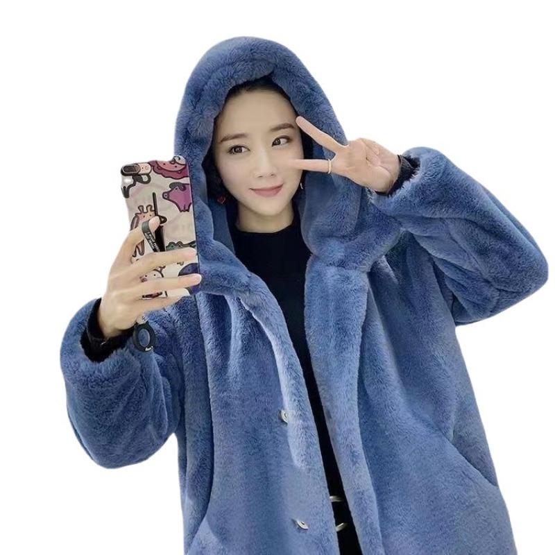 Autumn and Winter Thickened Imitation Rabbit Fur Long Hooded Loose Knee Jacket Women's Plush Coat Imitation Fur