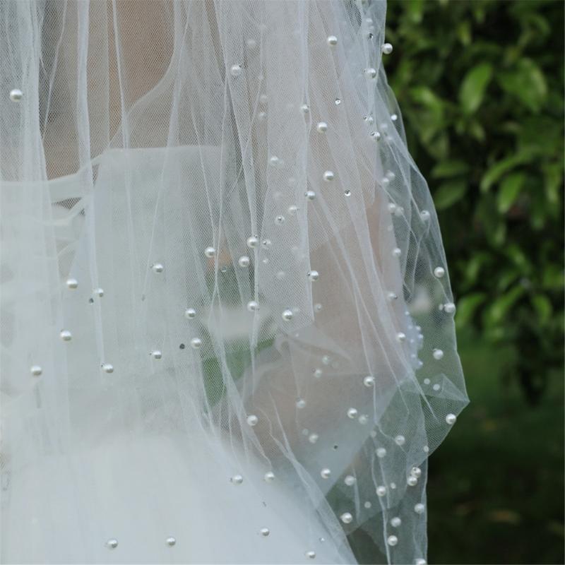 Luxurious Beadwork Pearls Decors Wedding Veil Tulle Bride Veil with Comb For Bridal Shower and Bachelorette Parties